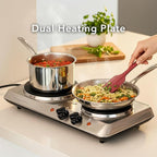 OVENTE Electric Countertop Double Burner, 1700W Cooktop with 7.25" and 6.10" Cast Iron Hot Plates, Temperature Control, Portable Cooking Stove and Easy to Clean Stainless Steel Base, Silver BGS102S