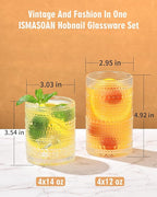 ISMASOAN Vintage Hobnail Drinking Glasses Set of 8, Cocktail Glasses 14 oz and 12 oz, Cups for Kitchen, Beaded Glassware, Highball Glasses for Whiskey, Juice, Water, Beer