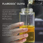 FLAIROSOL OLIVIA SIGNATURE Advanced Kitchen Oil Sprayer Technology, Fine Mist & Portion Control, Refillable Glass Olive Oil Cooking Spray Bottle for Air Fryer, Salad, BBQ, 130ml (Gold Print)