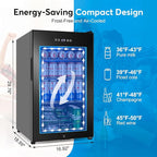 Beverage Refrigerator 17 inch Wide - 126 Can Beverage Cooler with Glass Door | Counter-Top/Freestanding Mini Beverage Beer Fridge | Temperature Memory | Invisible Door | Perfect for Soda,Beer
