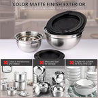 Leidawn Mixing Bowls with Lids set - 25 PCS Stainless Steel Nesting Black Mixing Bowls Set for Baking, Mixing, Serving & Prepping, Size 5, 3.7, 2.8, 2.3, 1.7, 1.1, 0.7QT, 11 Cooking Utensils