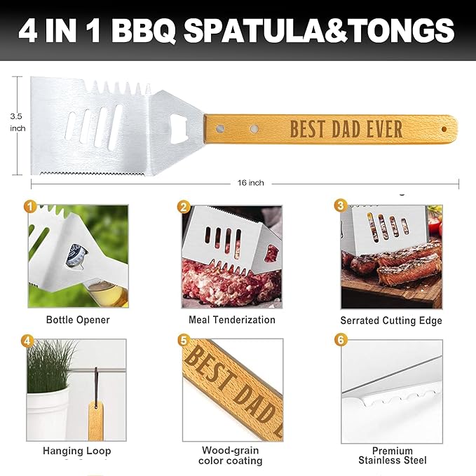 Dad Gifts from Daughter Son, Dad Grilling Birthday Gift Heavy Duty Wooden BBQ Grilling Accessories Kit for Backyard, Thick Stainless Steel Grill Utensils with Non-Slip Handle Tools in Portable Bag