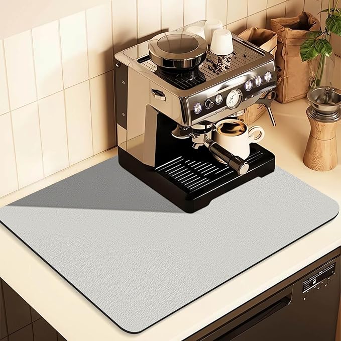 Coffee Mat for Countertops ,Coffee Bar Accessories Fit Under Coffee Maker Espresso Machine, Absorbent Hide Stain Rubber Mat for Countertop ,Dish Drying Mat for Kitchen Counter (Light Gray, 12"x19")