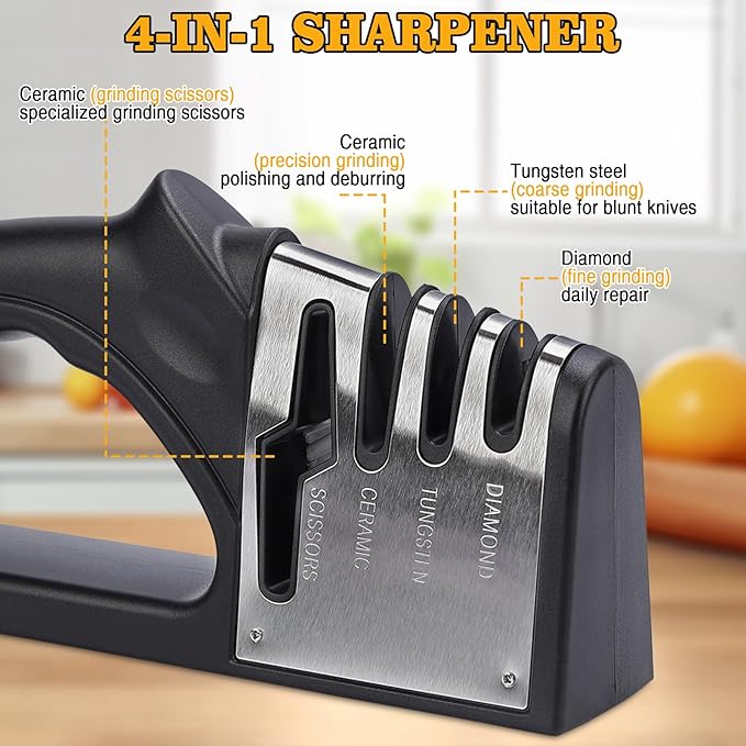 4-in-1Manual Knife Sharpener Suitable for kitchen knives, fruit knives, steel knives, scissors, and 3-level precision sharpening.Non slip base, suitable for home use (black) (1)