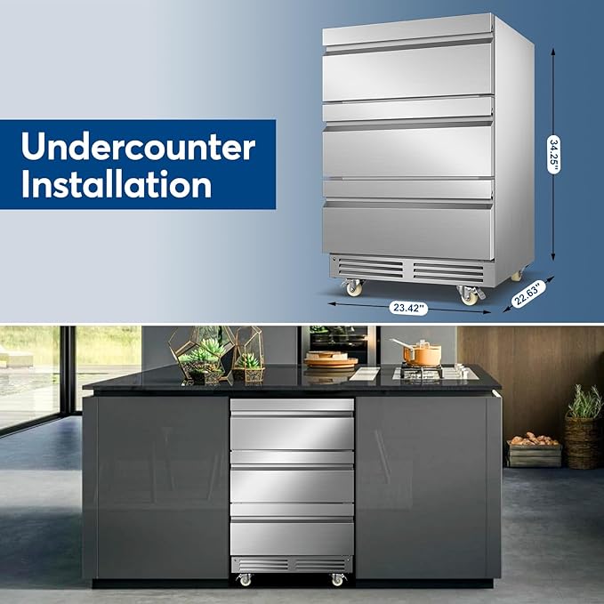 Stainless Steel 3-Tier Drawer Fridge Undercounter, Outdoor Beverage Refrigerator with Wheels, Waterproof Design and Temperature Control for Home and Commercial Use