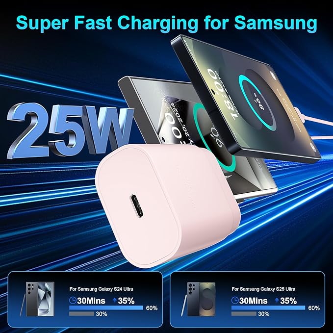 Super Fast Charger Type C, 25W USB C Wall Charger Fast Charging for Samsung Galaxy S25 Ultra/S25/S25+/S24+/S24 Ultra/S24/S24+/S23 Ultra/S22 Ultra/S21 Ultra with 6.6FT Long Type C Charger Cable 2Pack