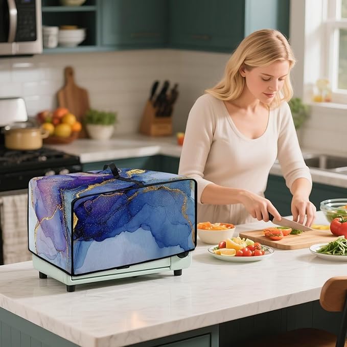 Marble Print Toaster Oven Dust Cover, Heavy Duty Heat-Resistant Cover for Kitchen Counter Small Appliances, with Accessory Pockets, Blue Violet Gold, (Medium-16.1*19.71*10 inches)