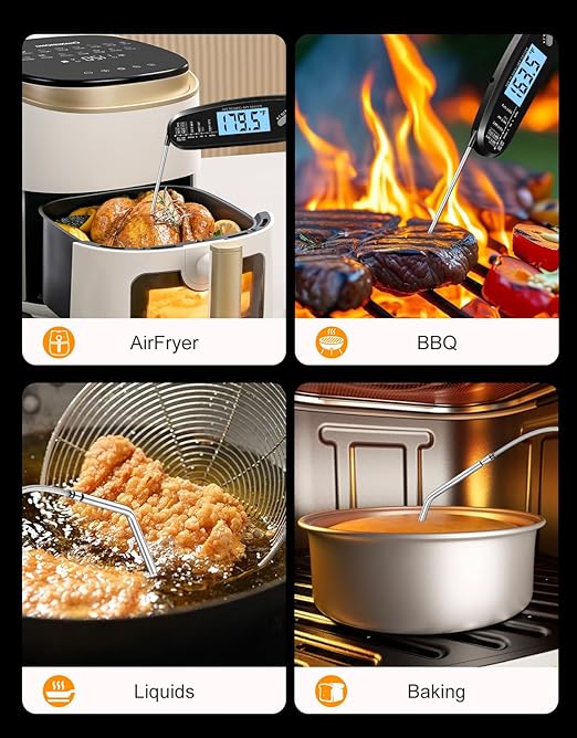 Instant Read Meat Thermometer Digital with Dual Probe, Food Thermometer for Cooking & Grilling, Large Backlit & Calibration, Grill Thermometer for Outside/Kitchen/Oven//Smoker/BBQ/Baking, Black