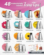 RFAQK 74 PCs Icing Piping Bags and Tips Set, Cake Decorating Kit with 48-Numbered Piping Tips, 20+1 Pastry Bags for Cookie Cupcake Cake Decoration, with Booklet and E-book (Pink)