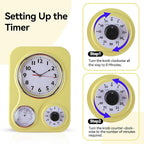 Lily's Home - 9.5 Inch x 12.5 Inch - Retro Kitchen Wall Clock, Vintage Wall Clock with a Thermometer and 60-Minute Timer, Ideal for Any Kitchen, Office, or Diner (Yellow)
