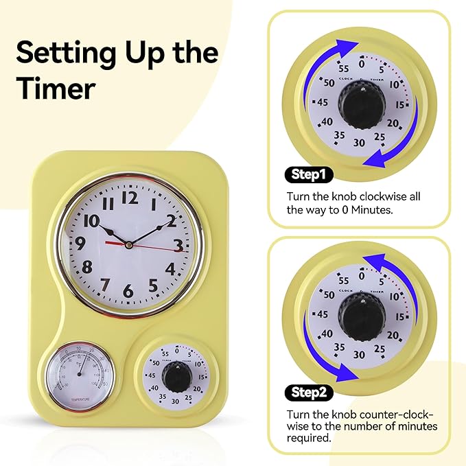 Lily's Home - 9.5 Inch x 12.5 Inch - Retro Kitchen Wall Clock, Vintage Wall Clock with a Thermometer and 60-Minute Timer, Ideal for Any Kitchen, Office, or Diner (Yellow)