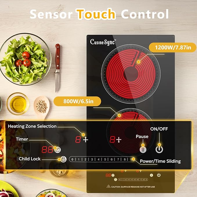 2 Burner Electric Cooktop, 12 Inch Electric Stove Top with 9 Power Levels, Touch Control, Timer, Child Lock and Residual Heat Warning, Ideal for Countertop & Built-In Use (110-120V)
