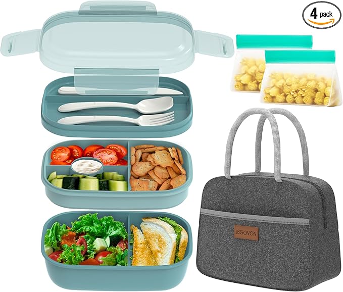 JBGOYON® Bento Lunch Box for Adults, Kids, Men, and Women – Includes Stackable Lunch Containers and Lunch Bag, Perfect for Boys and Girls, Microwave Safe and BPA-Free（Green ）