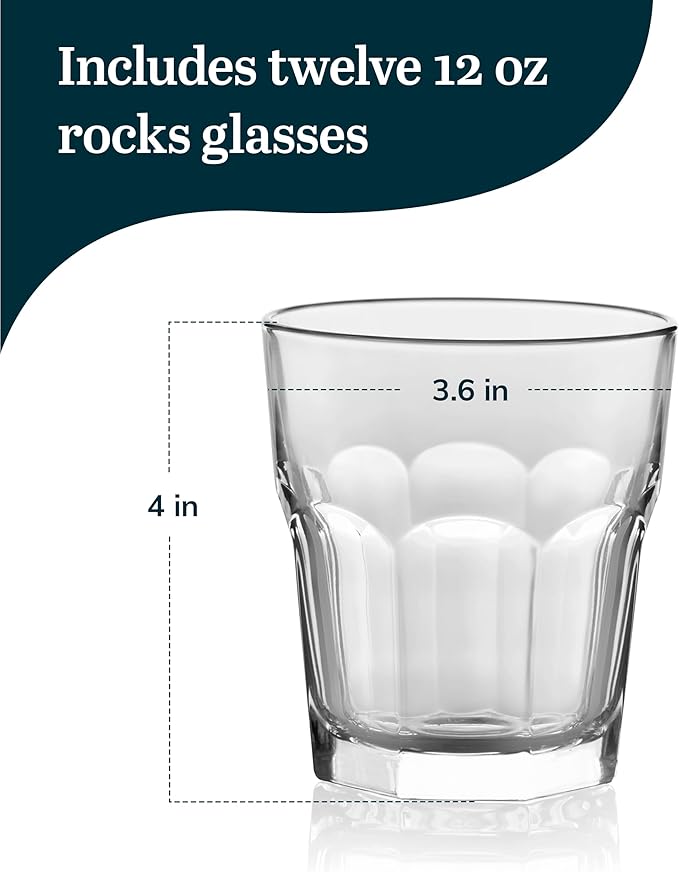 Libbey Gibraltar Drinking Glass Drinking Cup Set, Iconic Heavy Base Bar Glassware Thick Drinking Glasses Set of 12, 12-Ounce Rocks Glasses