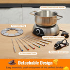CUSIMAX 1500W Electric Fondue Pot Set, Fondue Pot for Chocolate, Cheese, Broth, Oil, Luminated Control Dial, Fondue Set with 8 Colour Coded Stainless Steel Forks, 1.4-Quart - Stainless Steel