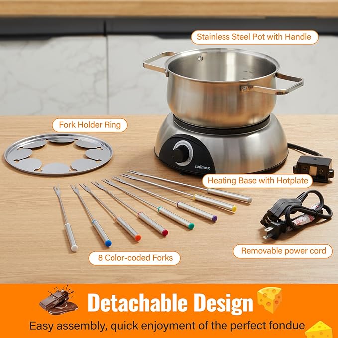 CUSIMAX 1500W Electric Fondue Pot Set, Fondue Pot for Chocolate, Cheese, Broth, Oil, Luminated Control Dial, Fondue Set with 8 Colour Coded Stainless Steel Forks, 1.4-Quart - Stainless Steel