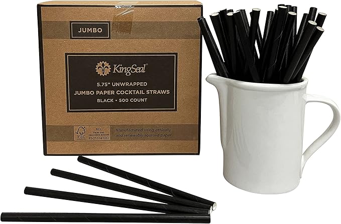 5,000 Count | Kingseal FSC Certified Paper Cocktail Drinking Straws, Stirrer, Unwrapped, BLACK, 5.75 Inch Length x 6mm Diameter, "Jumbo" Size, Biodegradable, Earth Friendly, Bulk Pack - 10 Boxes x 500