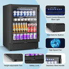 24 Inch Beverage Refrigerator, 5.2 Cu. Ft. Drink Refrigerator with Glass Door, 200 Cans Under Counter & Freestanding Drink Fridge, Reversible Door, Built-In Beverage Cooler for Kitchen, Bar or Office.