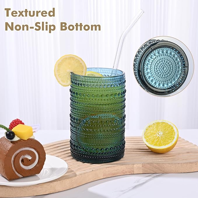 ZMOWIPDL Vintage Hobnail Drinking Glasses Set of 8,Blue 12 oz & 15oz Highball Glass Cups,Kitchen Drinkware Glassware,Embossed Water Tumbler,for Beer,Cocktail,Whiskey,Juice and Various Mixed Drinks