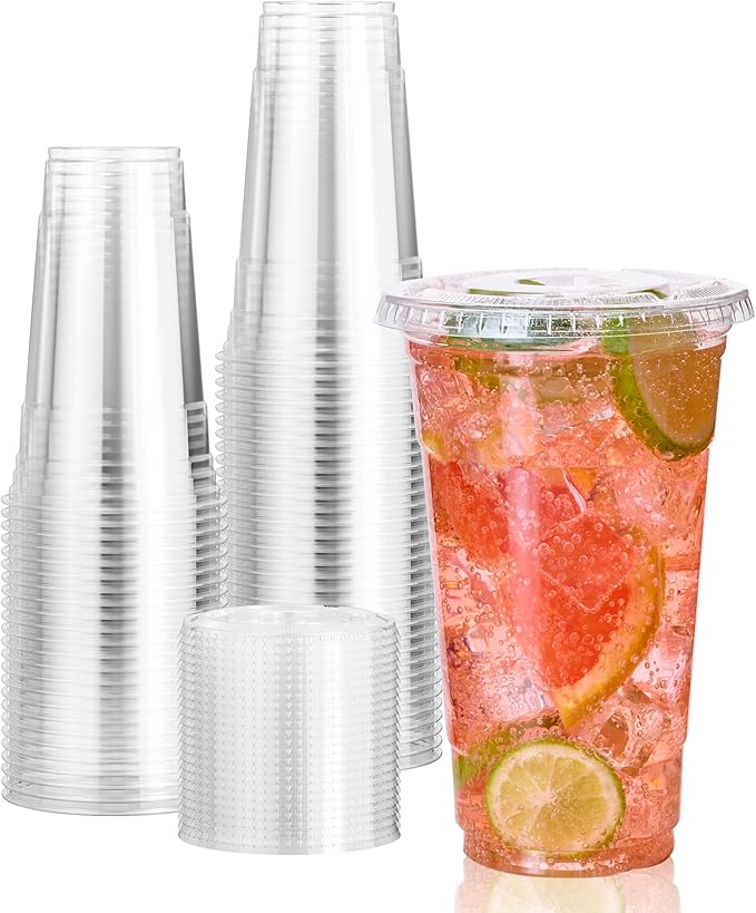 Vplus 140 Pack 24 OZ PET Clear Plastic Cups with Lids, 24 OZ Crystal Cold Disposable Drinking Plastic Cups with Flat Lids, Perfect for Ice Coffee, Smoothie, Juice