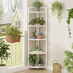 FATORRI Tall Corner Shelf, 5 Tier Modern Corner Bookshelf Stand, Wood and Metal Corner Plant Bookcase for Living Room, Home Office (White Oak)