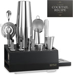 Mixology Bartender Kit -15Pcs Bar Set Cocktail Shaker Set w Black Bar Cart Accessories Stand - Shakers Bartending Silver Tools, 24oz Shaker, 17 Recipe Cards, Martini Barware