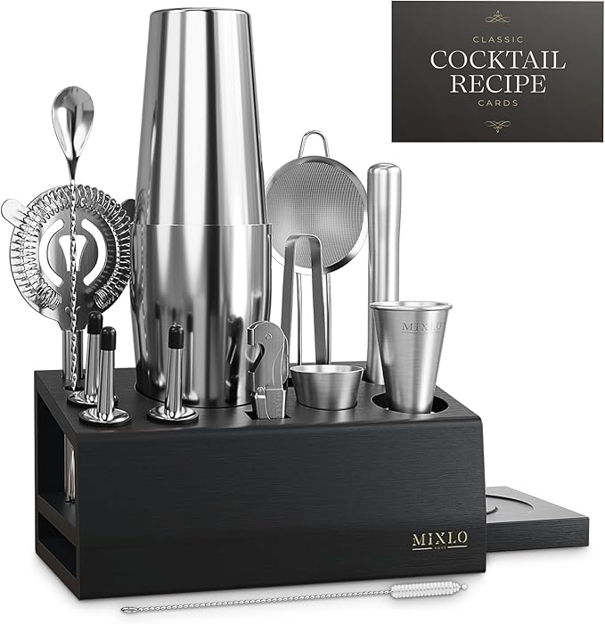 Mixology Bartender Kit -15Pcs Bar Set Cocktail Shaker Set w Black Bar Cart Accessories Stand - Shakers Bartending Silver Tools, 24oz Shaker, 17 Recipe Cards, Martini Barware