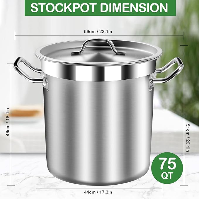STOCKPOT Extra Large Stock Pot 75 Quart – Heavy Duty Stainless Steel Soup Pot with Lid – Commercial Grade Cooking Stockpot for Boiling, Canning or Large Family Meals