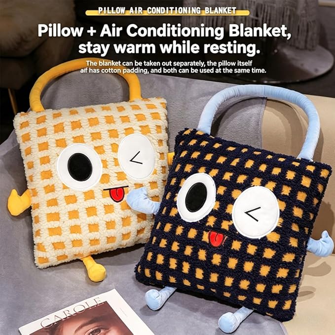 Plush Warm Hand Pillow with 67 * 59 Inch Compact Travel Blanket Warm Lambswool Pillow Portable 3 in 1 Combo Nap Pillow Blanket Plush Throw Pillow for Home Office（Blue 15inch）