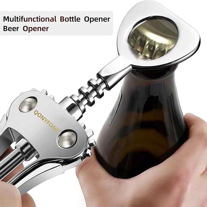 Wing Corkscrew Wine Opener, Premium Zinc Alloy Manual Bottle Opener, Heavy Duty Multifunctional Tool for Kitchen, Bar, Restaurant & Waiters (Polished Silver)