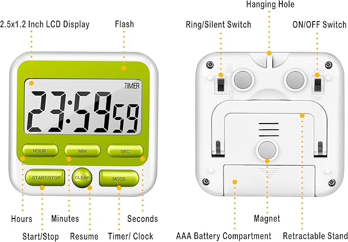 KTKUDY Digital Kitchen Timer with Mute/Loud Alarm Switch ON/Off Switch, 12 Hour Clock & Alarm, Memory Function Count Up & Count Down for Kids Teachers Cooking, Large LCD Display, Strong Magnet (Green)