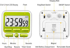 KTKUDY Digital Kitchen Timer with Mute/Loud Alarm Switch ON/Off Switch, 12 Hour Clock & Alarm, Memory Function Count Up & Count Down for Kids Teachers Cooking, Large LCD Display, Strong Magnet (Green)