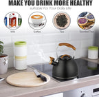 Tea Kettle -3.0 Quart Whistling Tea Kettle for Stove Top Stainless Steel Tea Pot Stovetop Food Grade Water Kettle with Wood Pattern Handle for Coffee/Tea/Milk Kettle Pot -Black