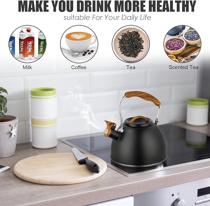 Tea Kettle -3.0 Quart Whistling Tea Kettle for Stove Top Stainless Steel Tea Pot Stovetop Food Grade Water Kettle with Wood Pattern Handle for Coffee/Tea/Milk Kettle Pot -Black