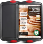 Baking Sheet Set, 2-Piece Large Cookie Sheet Set with Silicone Handles, Steel Baking Pan, Baking Sheets for Oven, BPA Free Cookie Sheets for Baking Nonstick Set, Premium Sheet Pan, Black Baking Tray