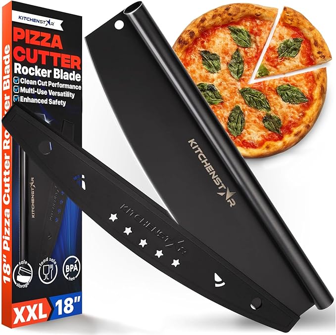 KitchenStar 18-Inch Pizza Cutter Rocker Blade - Sharp Stainless Steel Slicer Knife, Protective Cover, Black, Extra Large - Commercial Pizza Oven Accessories