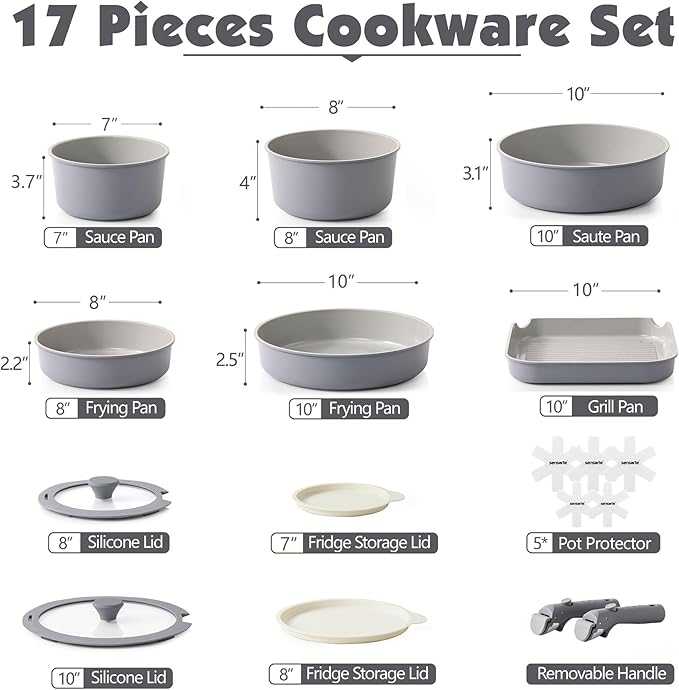 SENSARTE 17 Piece Ceramic Pots and Pans Set, Nonstick Detachable Handle Cookware, Induction Kitchen Cookware Set with Removable Handle, Dishwasher ＆ Oven Safe (Gray)