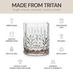 BELLAFORTE Shatterproof Tritan Plastic Short Tumbler, Set of 4, 13oz - Myrtle Beach Unbreakable Crystal Cut Old Fashioned Drinking Glasses for Whiskey - BPA Free - Dishwasher Safe - Grey