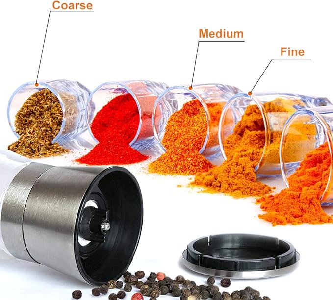 Salt and Pepper Grinder Short Size - Black Pepper,Herb Shakers Mill Refillable Manual - Stainless Steel Lid - Adjustable Coarseness - Glass Material- Fits in Home,Kitchen,Barbecue