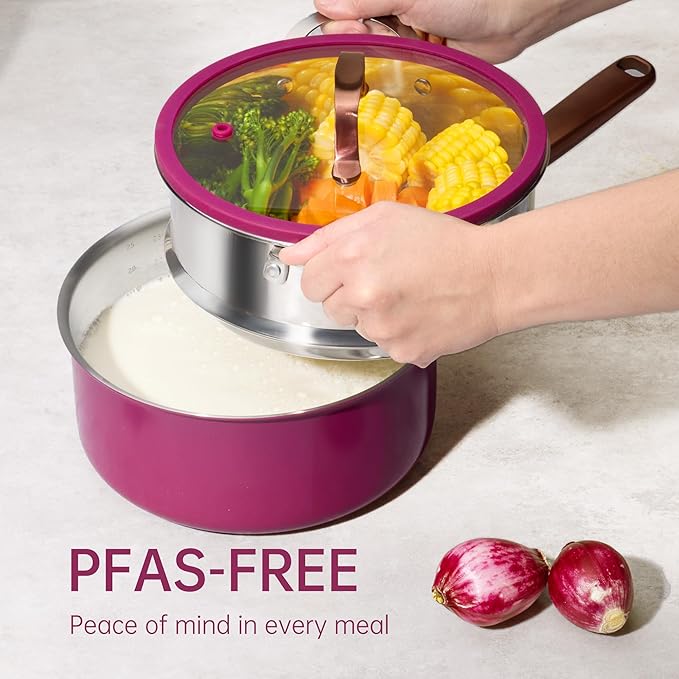 CAROTE 1.5Qt & 3.0Qt Stainless Steel Saucepan Set with Steamer & Ladle, Non-Toxic 3-Ply Stainless Steel Pot with Lids, Small Pots for Cooking, Oven Safe, Induction Compatible Cookware, Purple