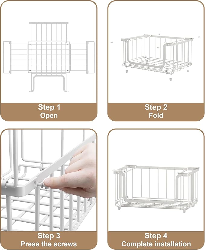 UMDONX 4 Pack Stackable Wire Baskets Storage Bins for Fruits, Vegetables, Potatoes & Onions | Pantry, Countertop, Laundry Organizer | Heavy Duty & Space Saving White