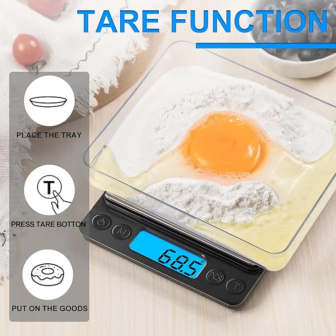 Digital Food Kitchen Scale Upgraded, YONCON 3000g/0.1g High Accuracy Mini Pocket Scale Measures in Grams and oz for Cooking, Baking, Jewelry, Tare Function,2 Trays, LCD Display (Batteries Included)