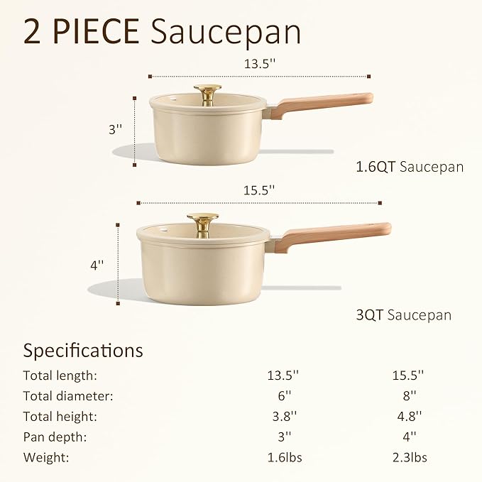 CAROTE 1.6Qt & 3.0Qt Sauce Pan Sets with Lid Ceramic Nonstick Pot Set Non Toxic Saucepan with Stay-cool Handle Small Kitchen Cooking Pots, Easy to Clean, Induction Comptable, PFOA FREE