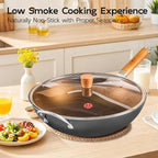 WANGYUANJI 14.2" Flat-Bottom Iron Wok with Glass Lid, Uncoated Stir-Fry Pan, Rapid-Heating Refined Iron, Induction/Gas/Electric Compatible, Wooden Handle (Seasoning Required)