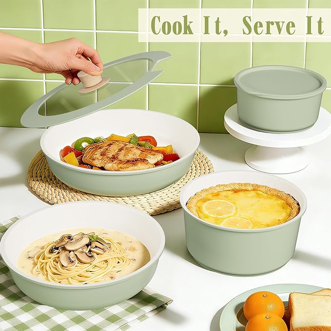 Umite Chef Non Stick Pots and Pans Set, 21 Pcs Ceramic Kitchen Cookware Set with Detachable Handle, Nonstick Healthy Induction Cookware, Dishwasher RV Cookware Set, Oven Safe, Stackable, Sage Green
