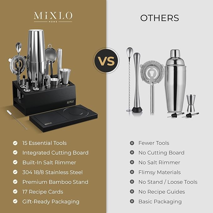 Mixology Bartender Kit -15Pcs Bar Set Cocktail Shaker Set w Black Bar Cart Accessories Stand - Shakers Bartending Silver Tools, 24oz Shaker, 17 Recipe Cards, Martini Barware