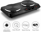 OVENTE Electric Countertop Double Burner, 1700W Cooktop with 7.25" and 6.10" Cast Iron Hot Plates, Temperature Control, Portable Cooking Stove and Easy to Clean Stainless Steel Base, Black BGS102B