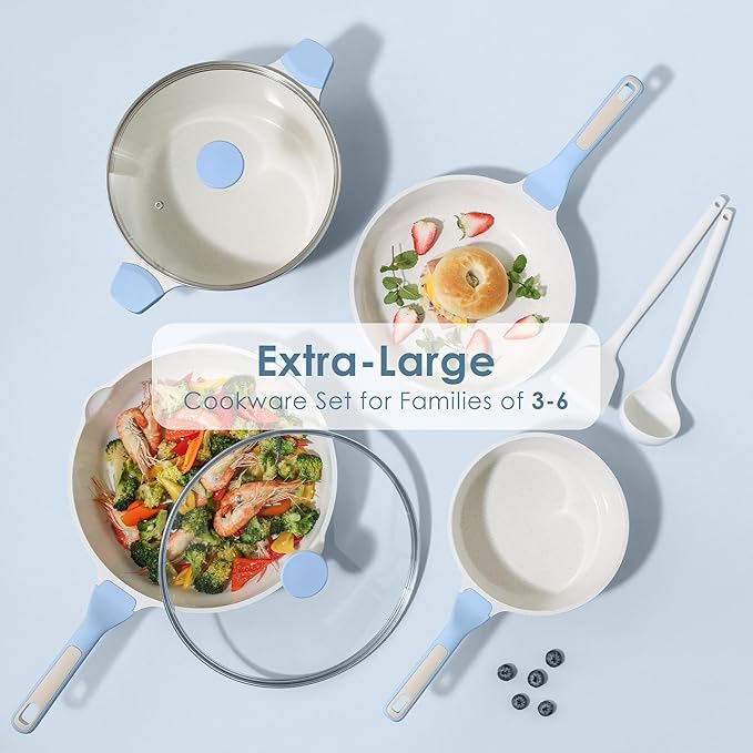 SENSARTE Nonstick Ceramic Cookware Set Large 13-Piece, Healthy Pots and Pans Set Dishwasher Safe, Non-toxic Kitchen Cooking Set with Stay-Cool Handles, Induction Compatible, PFAS Free, Blue