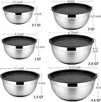 P&P CHEF Mixing Bowls With Lids, Set of 6, Stainless Steel Nesting Mixing Bowls & Fitting Lids & Non-Slip Silicone Bottom, Ideal for Mixing, Storing, Size 0.7/1/1.5/2.5/3/4.6 Qt, Black