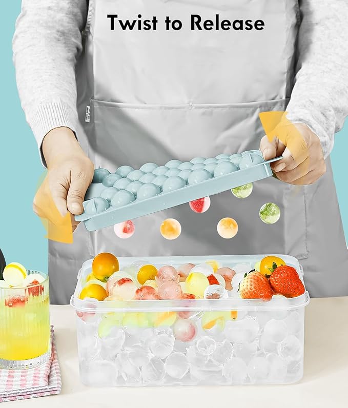 Ice Cube Tray with Lid and Bin – Round Ice Cube Trays for Freezer, BPA-Free Food-Grade Ice Mold, Stackable Ice Ball Maker, Iced Bucket Kits, Circle Ice Tray for Cocktails, Whiskey, Coffee, and Drinks